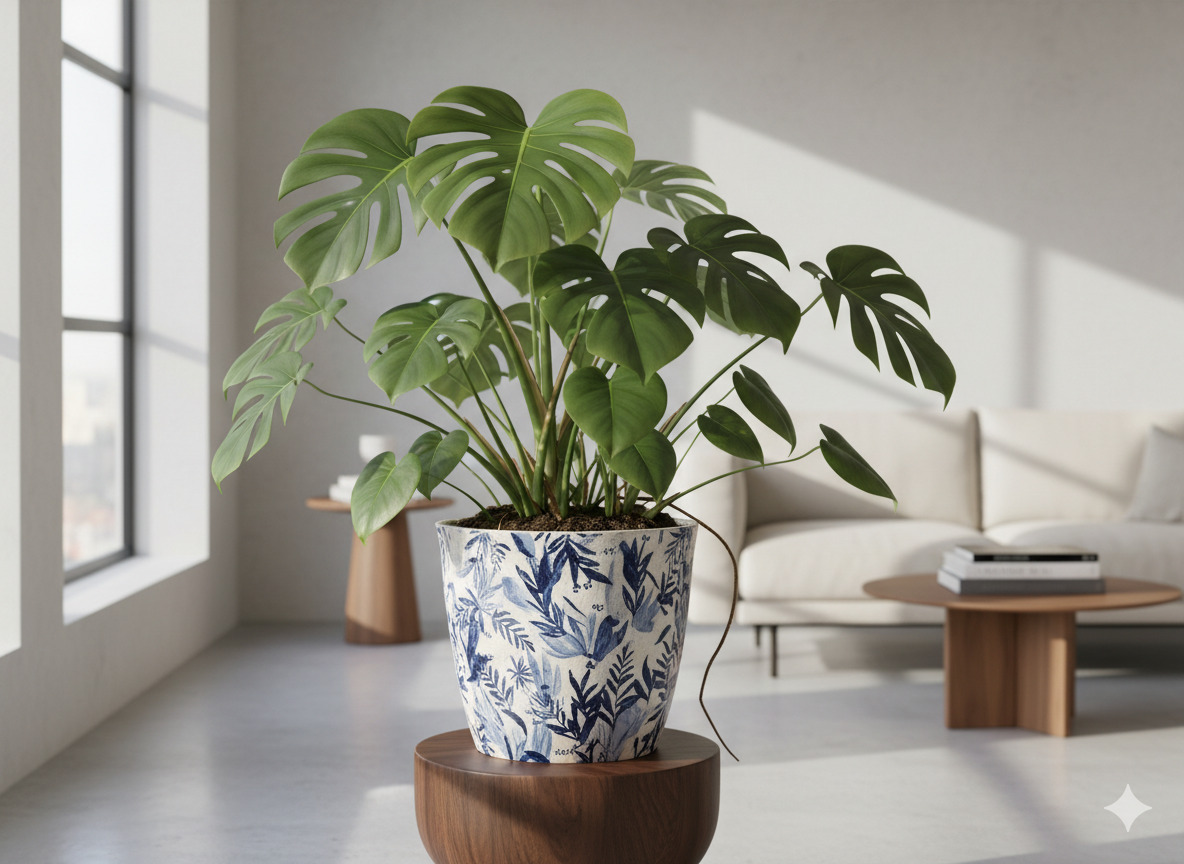 Monstera Deliciosa plant in decorative pot